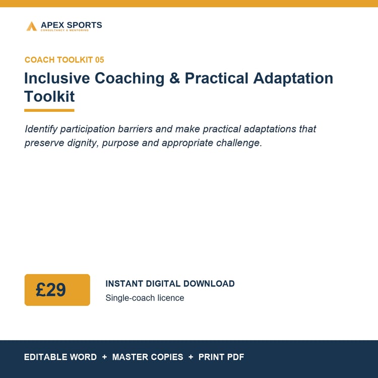APEX Inclusive Coaching and Practical Adaptation digital toolkit for individual coaches.
