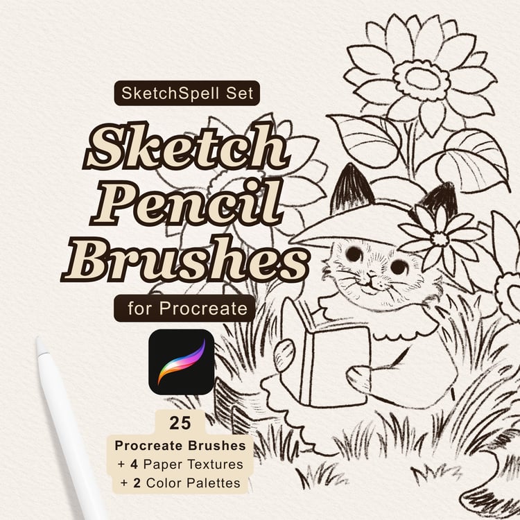 SketchSpell Set with 25 handmade Procreate pencil brushes for sketching, drawing, shading and traditional graphite textures