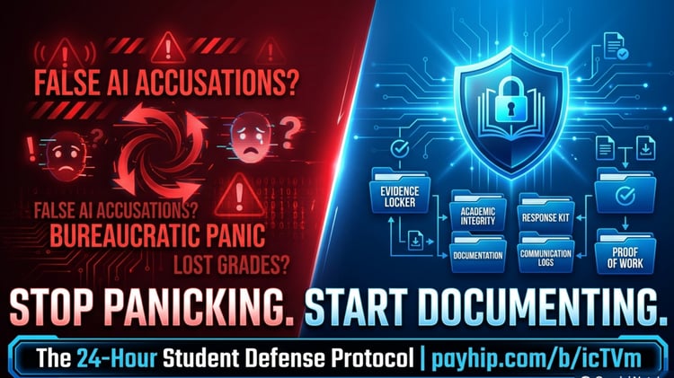 Split graphic illustrating the 24-Hour Student Defense Protocol: the red panic cycle of false AI accusations versus the blue documentation shield and organized student evidence locker folder system.