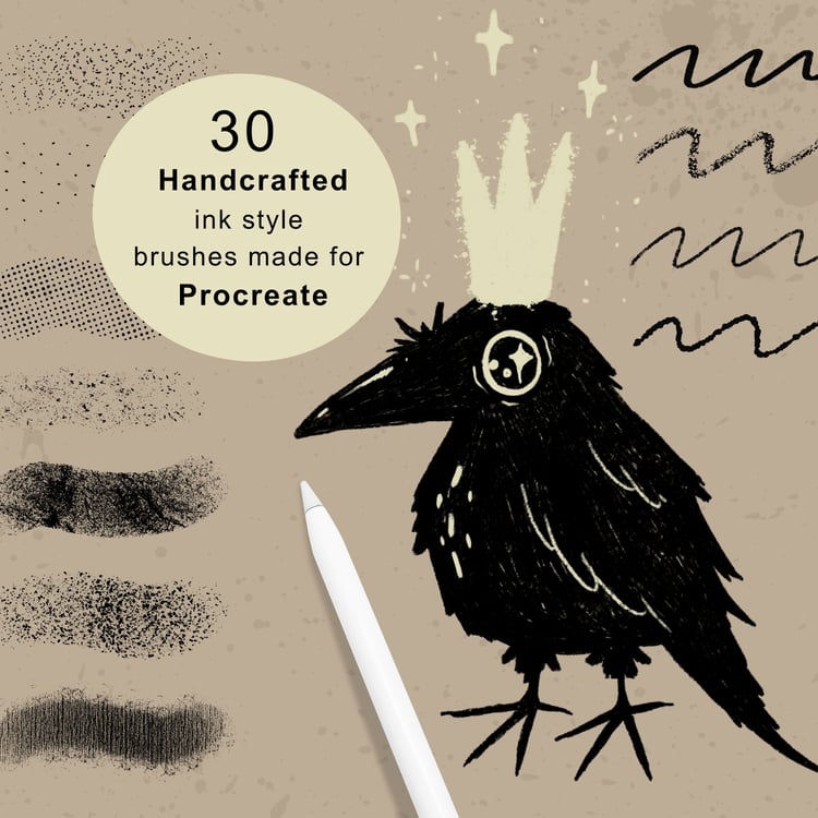 30 handmade Procreate inking brushes for clean lines, dry ink, washes, splatters and textured marks