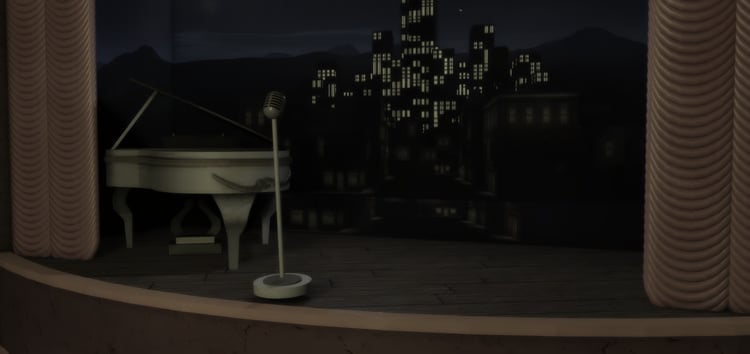 Vintage Roblox jazz lounge interior with stage and grand piano