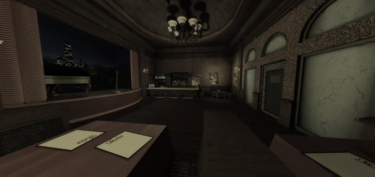 Detailed Roblox bar interior with counter stools and bottles