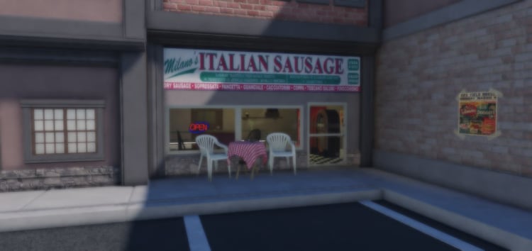 Roblox Italian-themed building asset with a meat shop, restaurant and bar, secret meeting room, offices, butcher kitchen, parking area, vintage vehicle, motorbike, and scripted gameplay assets.Roblox Italian meat store restaurant and bar building asset