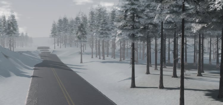 Snow-covered winding driving road through dense conifer forest