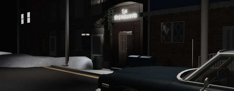 Jazzy Social Club Roblox exterior with vintage vehicle and snow