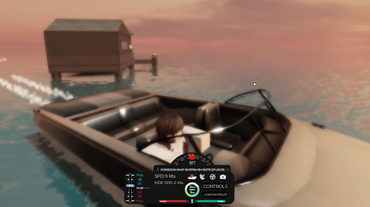 Wooden offshore cabin surrounded by sea