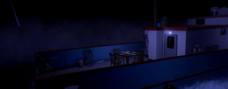 Fishing boat sailing through a stormy Roblox sea