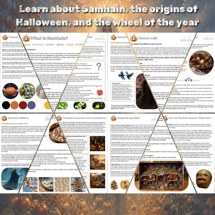 A printable Samhain pack for seasonal family learning. Folklore, Halloween traditions, crafts, recipes, nature study and reflective activities for all ages.