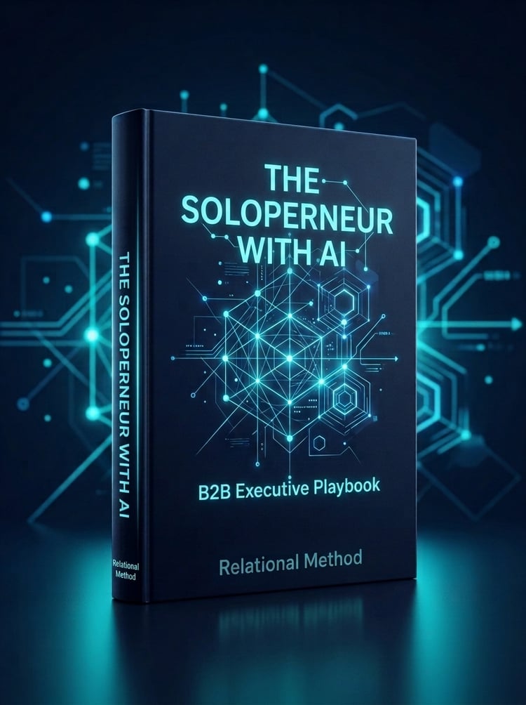 3D book cover of The Solopreneur with AI: B2B Executive Playbook ebook on a dark tech background.