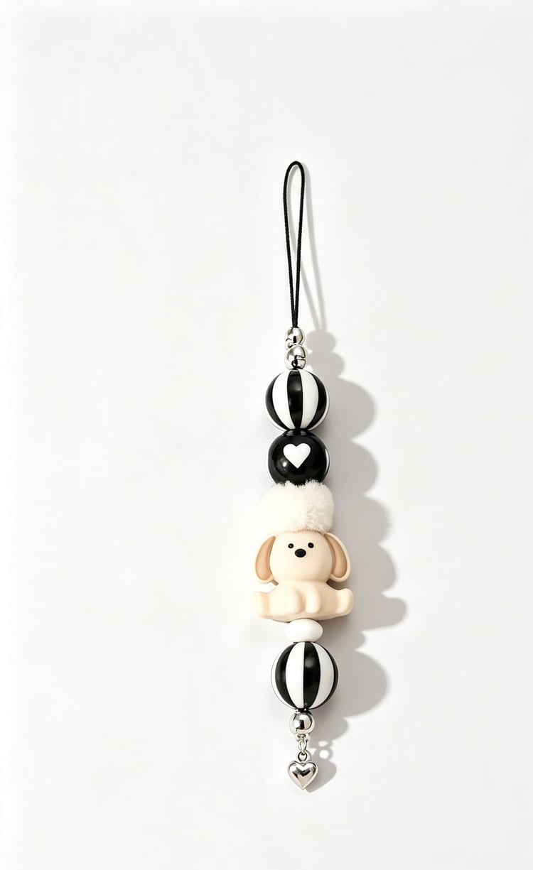 Handmade puppy dog beaded phone charm with black and white striped beads, fluffy white pom-pom and dangling silver heart.