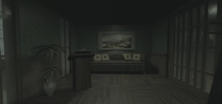 Dark Roblox bar interior with seating and furnished reception area