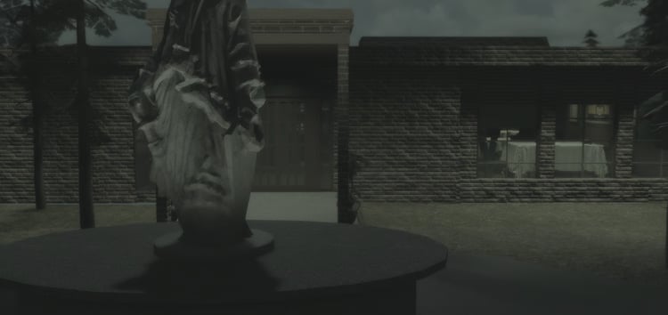 Detailed Roblox bar exterior with large statue at the entrance