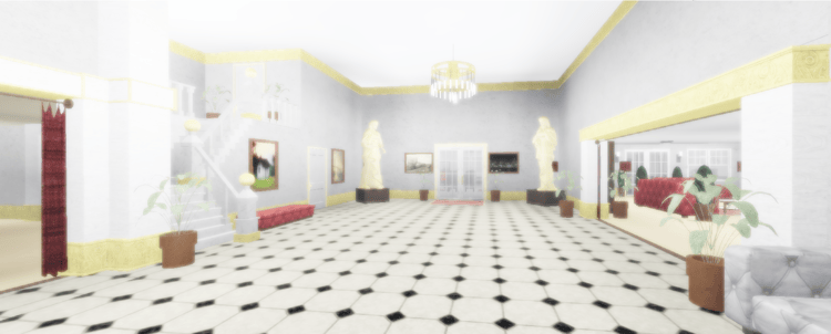 Grand mansion hallway with decorative statues
