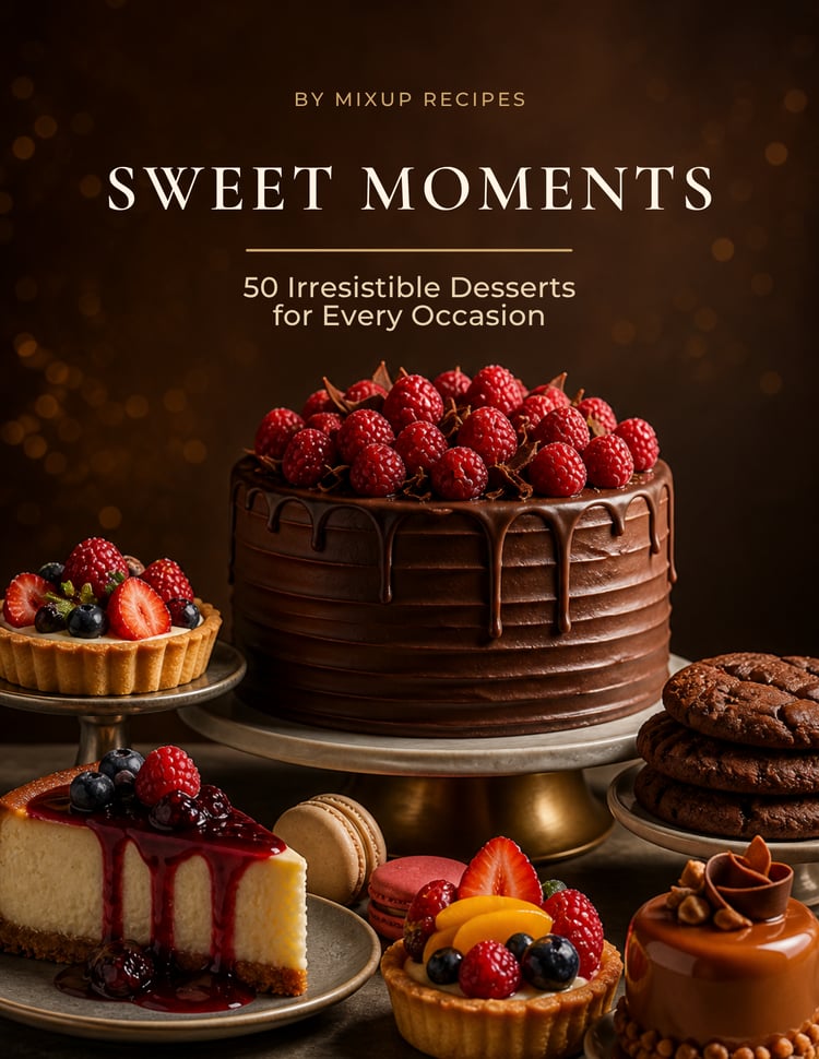 Sweet Moments dessert cookbook cover featuring a chocolate cake and assorted desserts