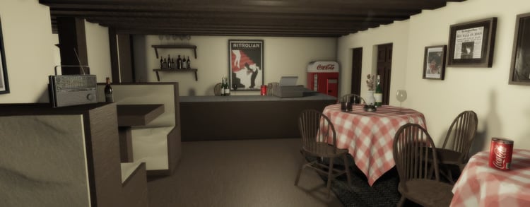 Detailed Italian cafe interior with bar and dining area