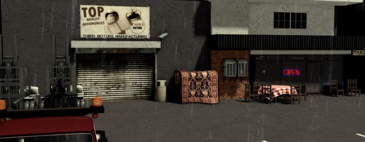 Italian car repair store exterior with vintage vehicle parking