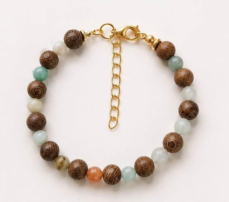 Handmade gemstone and natural wood bead bracelet with gold-tone extender chain
