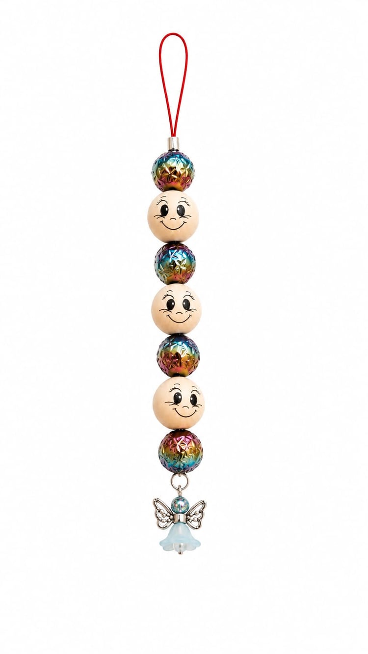 Handmade Holly Jolly Jingle Angel Christmas ornament with rainbow star beads, wooden smiley face beads, blue angel charm and red hanging cord