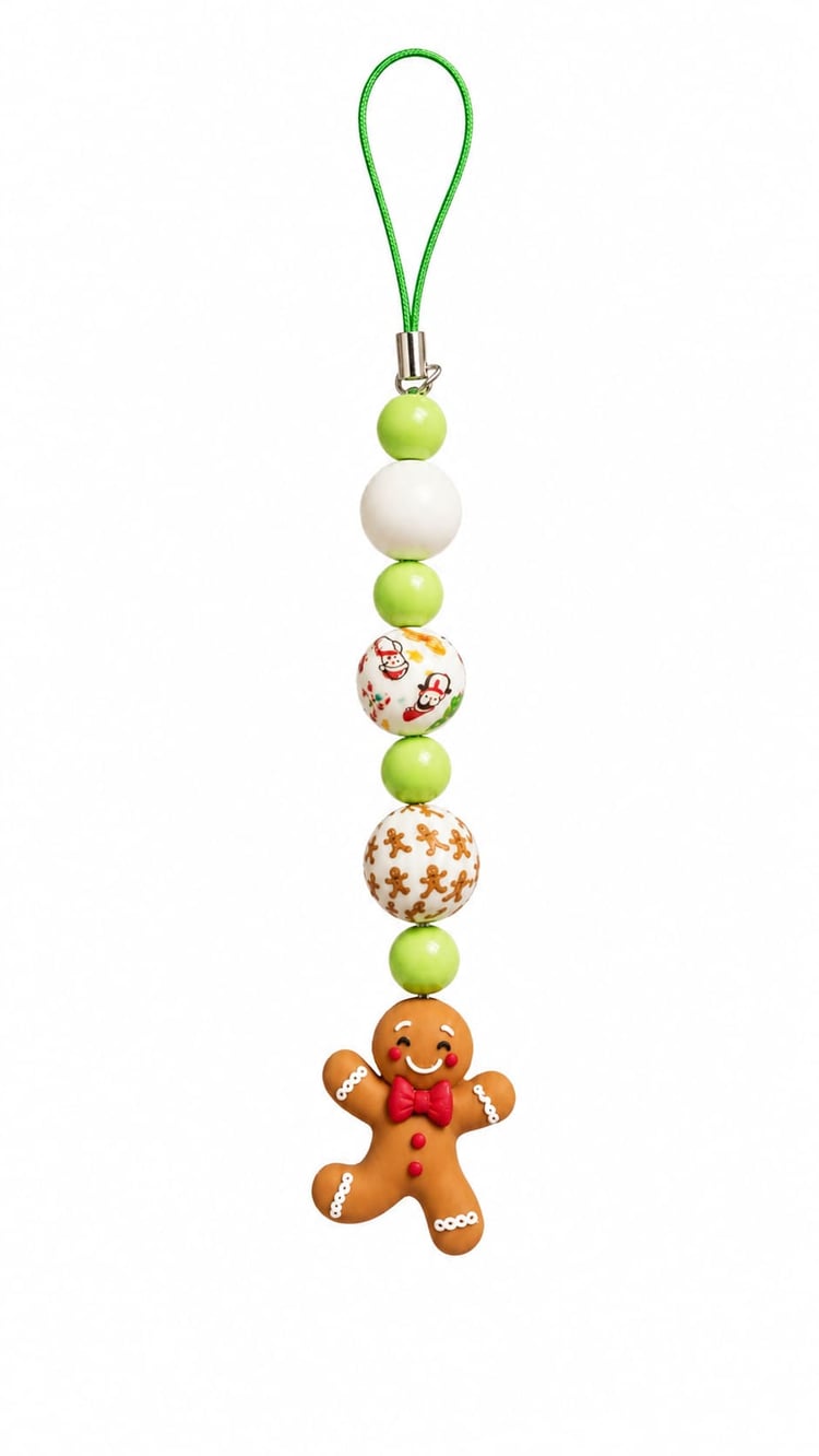 Studio product shot of the Gingerbread Christmas handmade beaded hanging charm from Sparkling Resin Delights. Attached to a bright green hanging cord, the design displays an alternating stack of lime green wooden beads, a large matte white bead, an illust