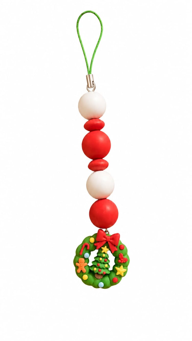 Handmade Christmas wreath hanging charm with red and white beads, green festive wreath pendant and green cord