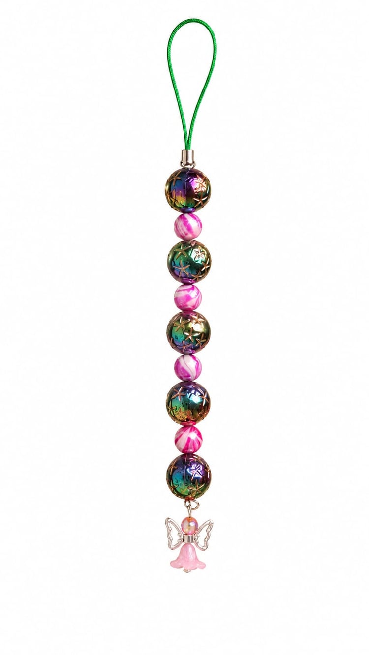 Studio product shot of the Sugarplum Angel handmade beaded hanging ornament charm by Sparkling Resin Delights. Suspended from a bright green cord loop, the design features a vertical stack alternating five metallic rainbow oil-slick finish beads engraved