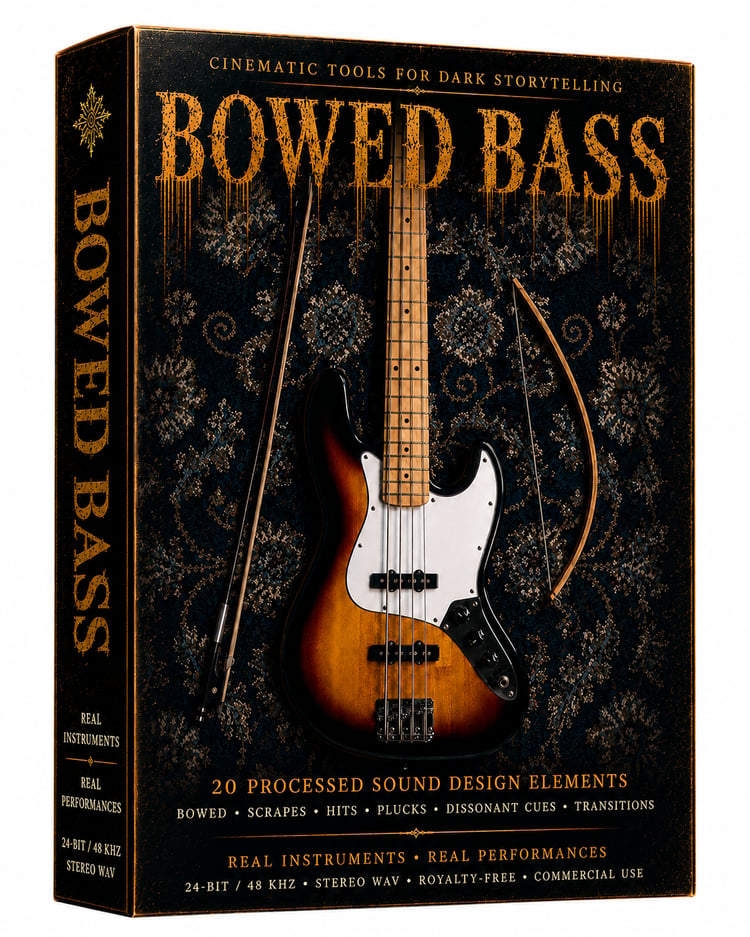 Bowed Bass cinematic sound design pack featuring 20 original bowed bass textures, deep rumbles, dissonant tones, tremolo, plucks and dark atmospheric cues for horror, suspense, film, trailers, games and cinematic storytelling.