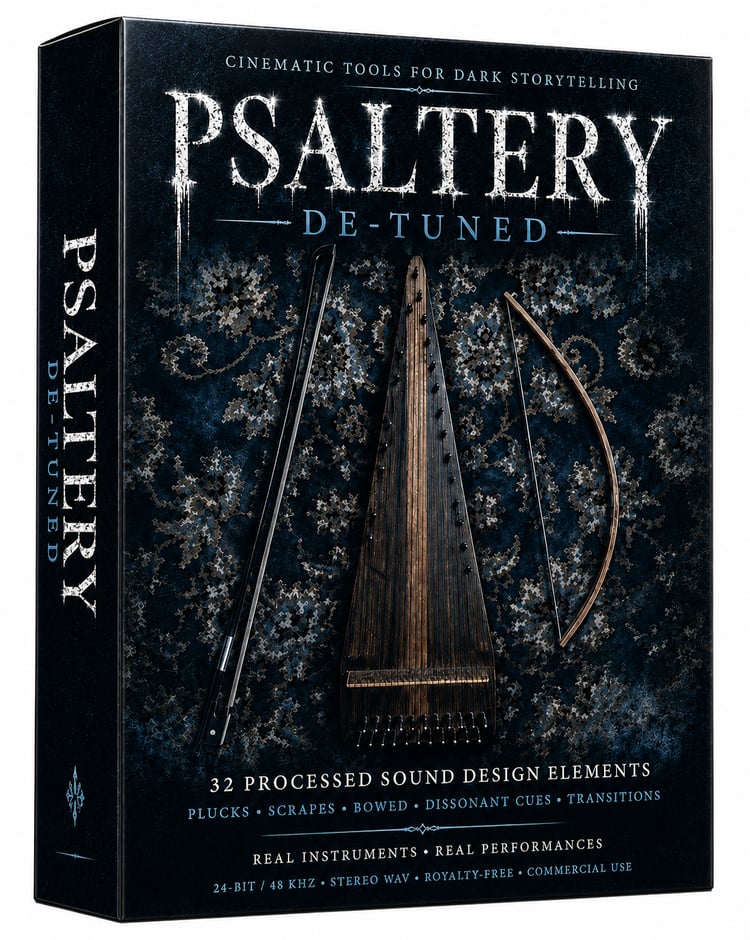 Psaltery De-Tuned cinematic sound design pack featuring 32 original de-tuned psaltery sounds with eerie plucks, bowed textures, strums, scrapes and dark atmospheric cues for horror, suspense, film, trailers, games and sound design.