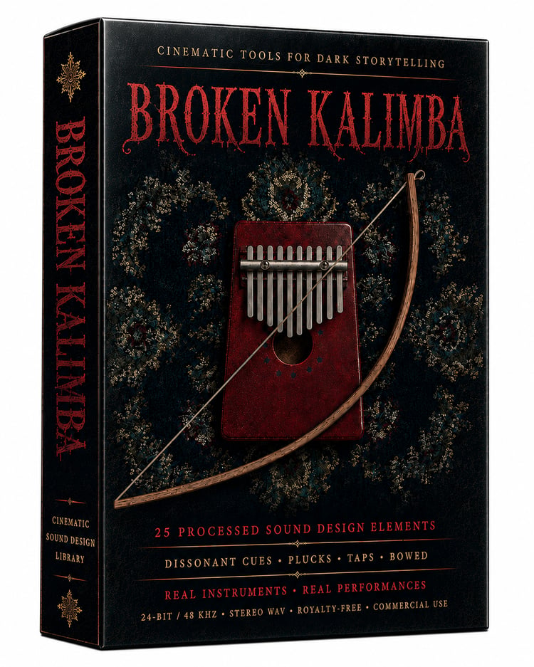 Cinematic kalimba effects with dark plucks, unsettling taps, bowed resonance and experimental textures. Royalty-free 24-bit/48 kHz WAV created for thriller scoring, horror scenes, game audio and atmospheric sound design.