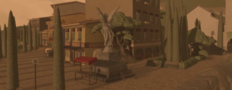 Mediterranean main street with cypress trees and buildings