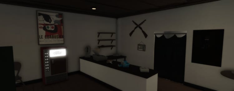 Deli kitchen with counters shelves and food supplies