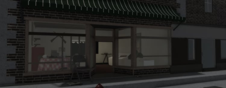 Detailed deli store exterior with large front windows