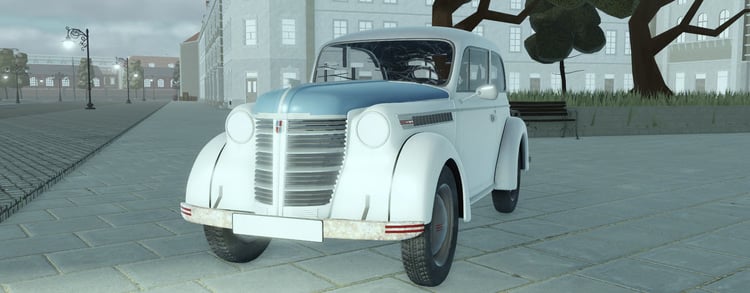 Classic silver car with blue hood