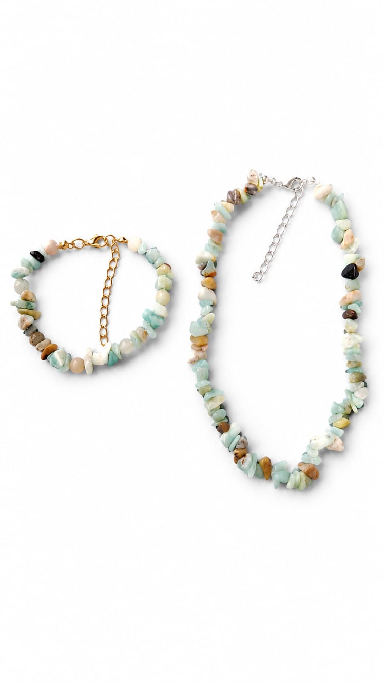 Ocean Mist natural stone bracelet and anklet set with aqua, mint and earthy gemstone beads on a white background