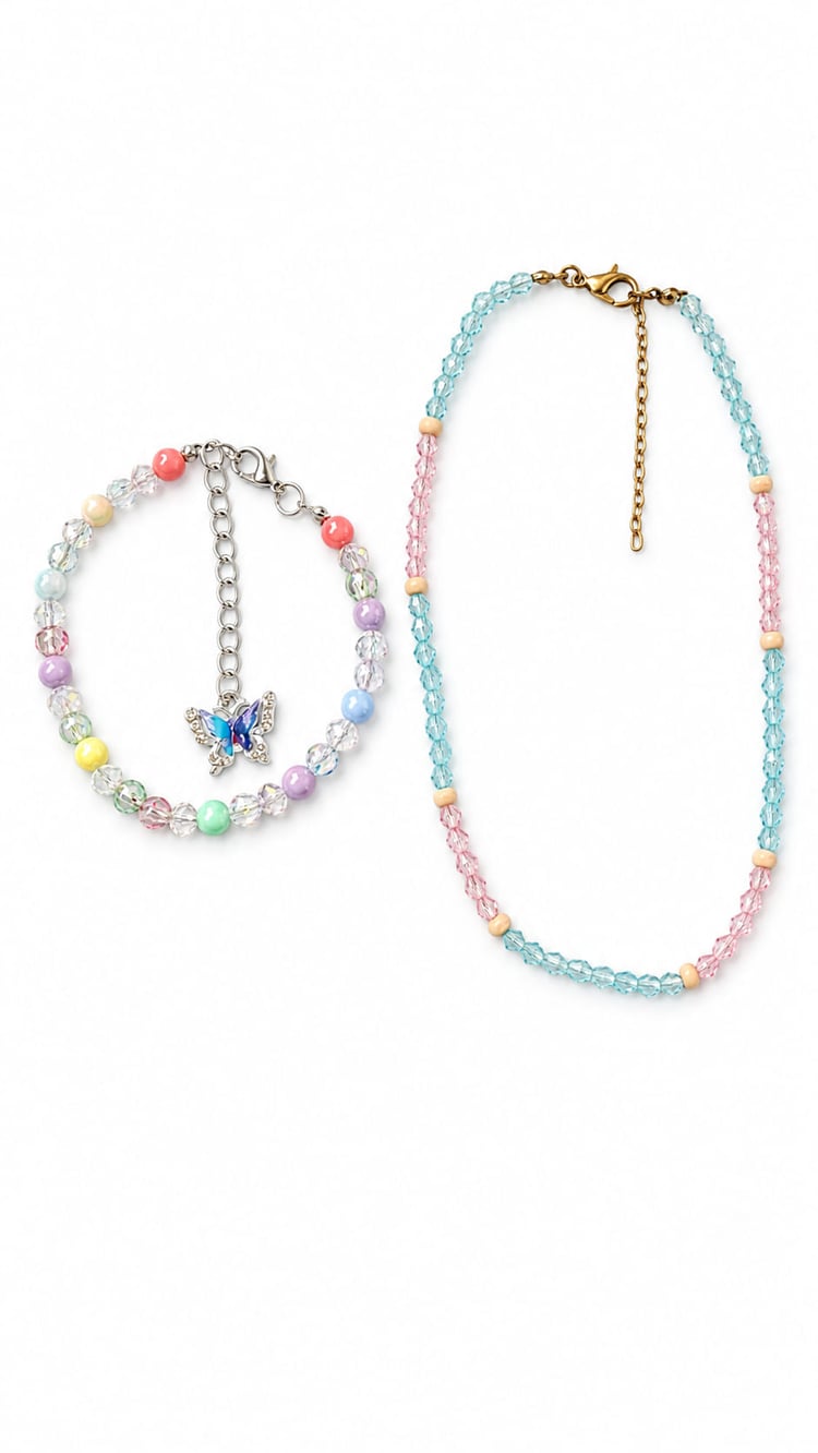 Pastel rainbow beaded bracelet and anklet set with colourful beads and butterfly charm