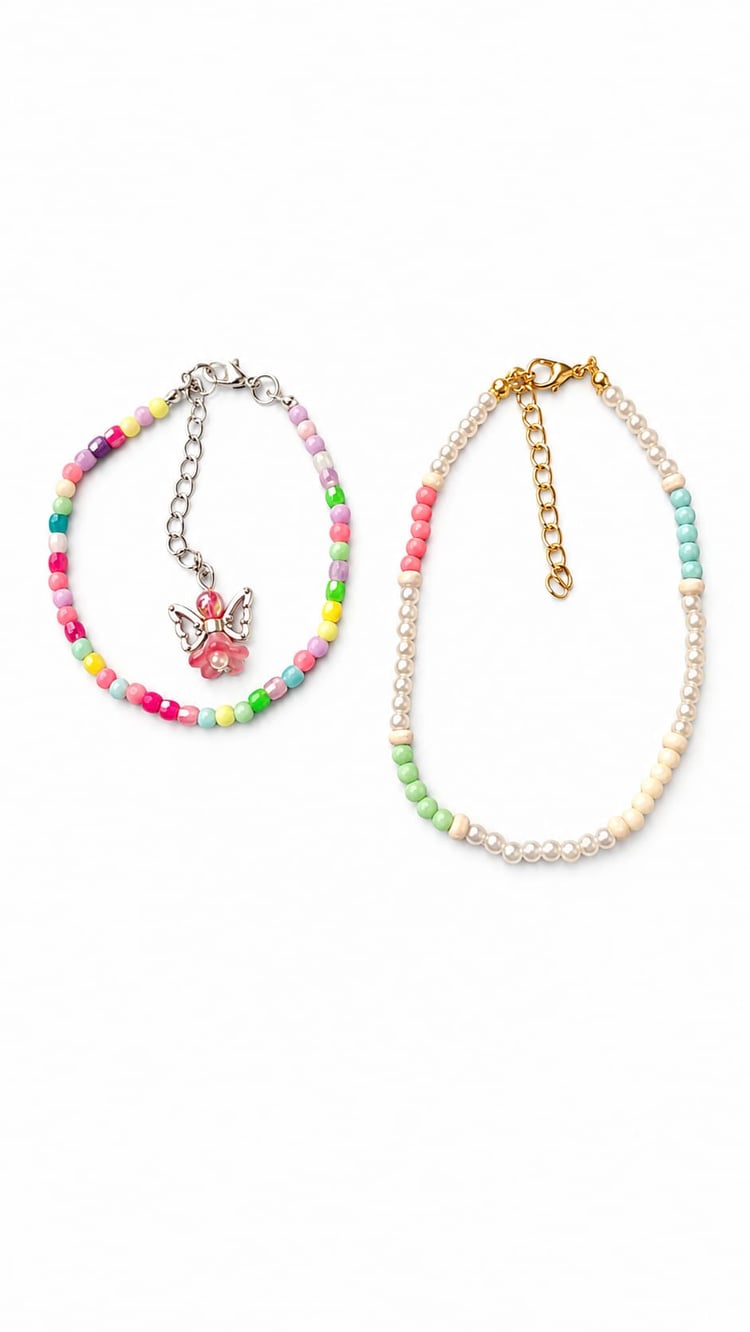 Colourful beaded bracelet and anklet set with pearls and pink angel charm