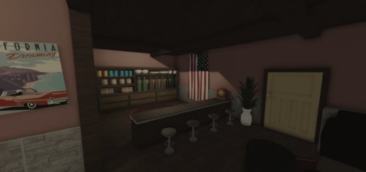 Classic mobster bar interior with counter and stools