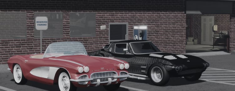Vintage cars parked outside detailed brick auto shop
