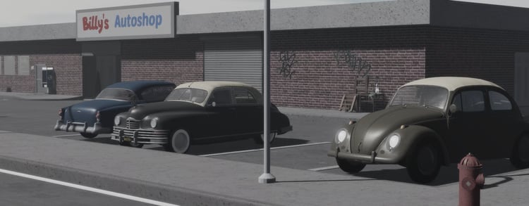 Mobster auto repair shop exterior with five vintage cars