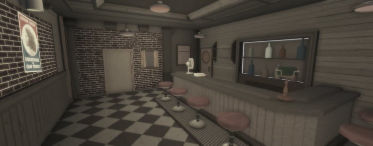 Detailed bar interior with counter and stools
