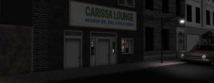 Vintage Italian restaurant exterior with parked car