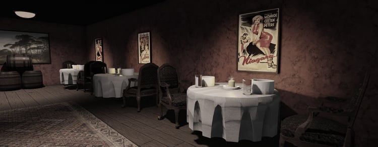 Restaurant entrance with surrounding buildings