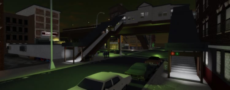 Baltimore-inspired Roblox urban roleplay map featuring a railway station