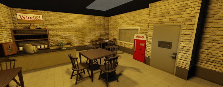 Roblox basement meeting room with a long table for mob roleplay
