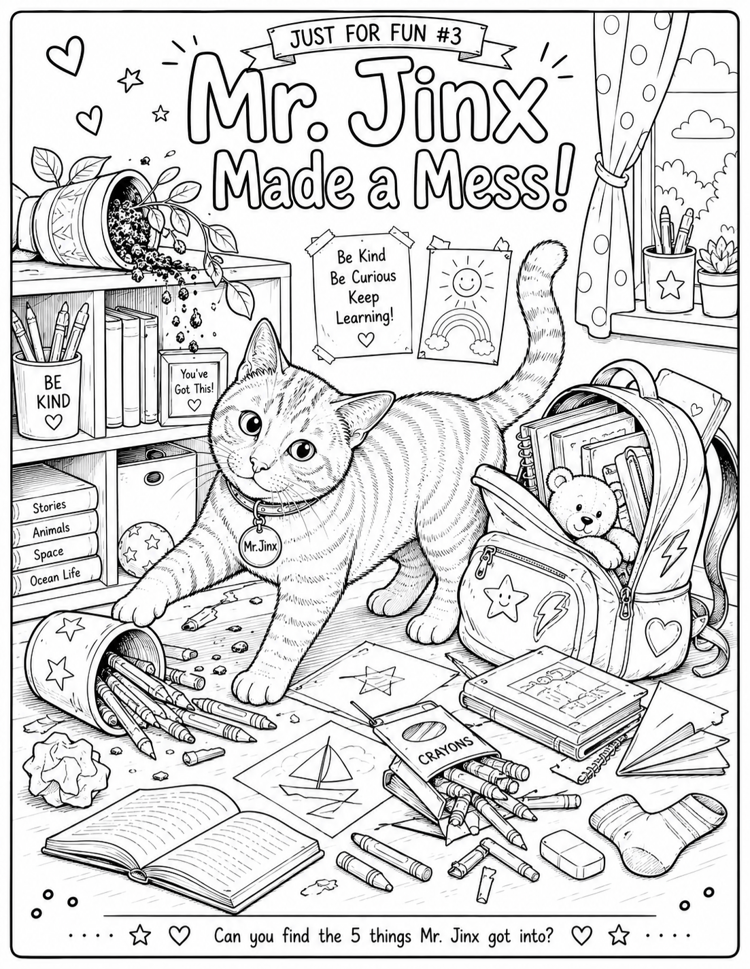 Mr. Jinx Made a Mess printable activity featuring a mischievous orange cat and a messy scene for kids to explore
