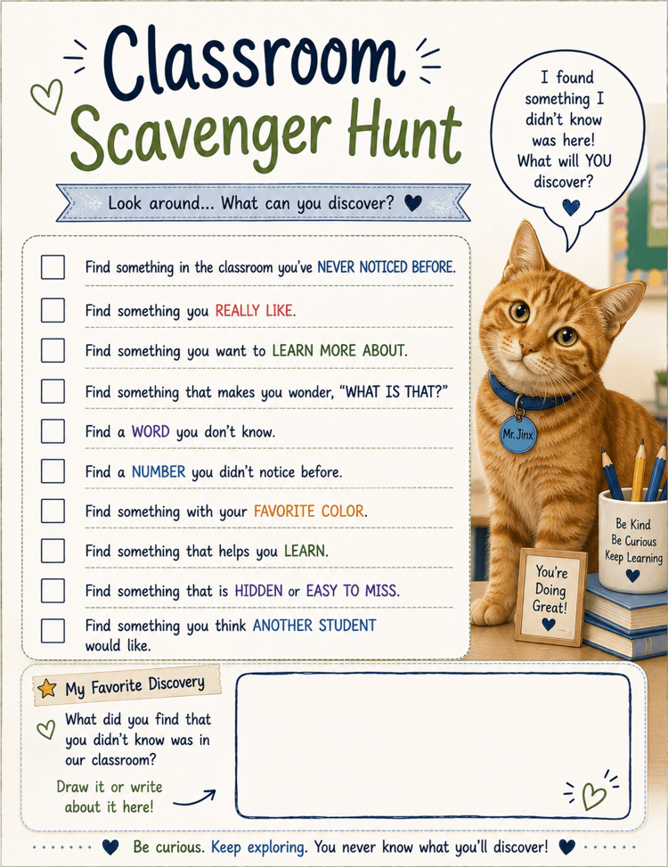 Classroom Scavenger Hunt free printable activity for kids with a classroom-themed scavenger hunt page.