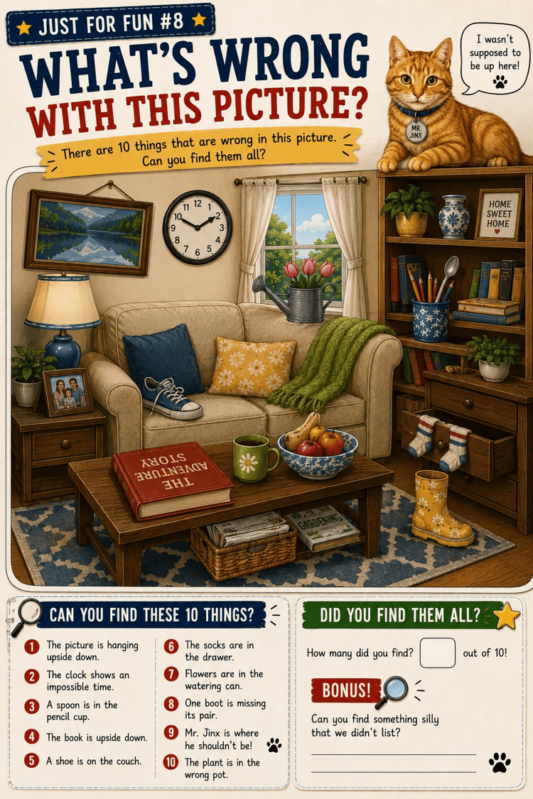 What's Wrong With This Picture printable activity featuring a silly scene with things for kids to find.