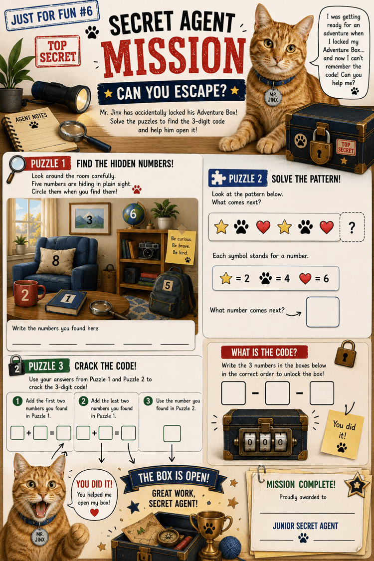 Secret Agent Mission printable escape activity featuring clues and challenges for kids.