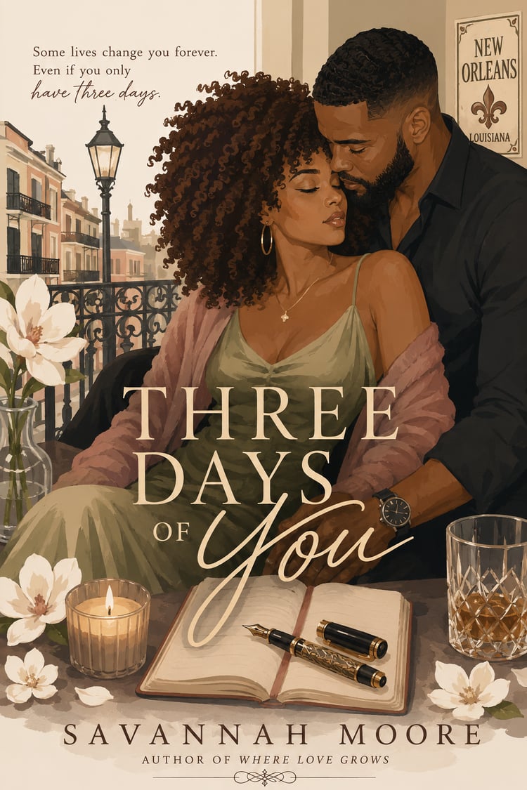 Cover of Three Days of You by Savannah Moore, showing a Black couple in an intimate New Orleans balcony scene with flowers, candlelight, and a journal.