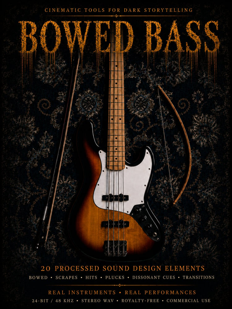 Organic bowed bass textures shaped for cinematic tension, including unsettling bow strokes, rough scrapes, deep hits, plucked notes and discordant accents. Delivered as 24-bit/48 kHz stereo WAV for film, games, trailers and horror.