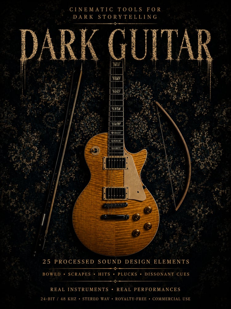 Atmospheric guitar sound design built from real performances, with tortured bowing, textured scrapes, percussive strikes, moody plucks and uneasy harmonic elements. 24-bit/48 kHz stereo WAV for suspense, horror, trailers and dramatic scoring.